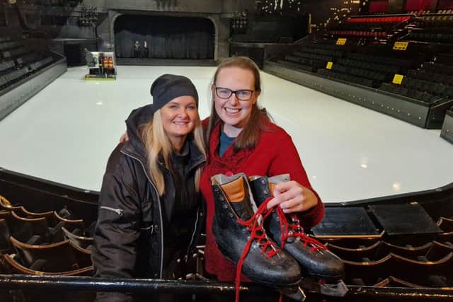 Katie Stainsby, ice skating coach, with reporter, Lucinda Herbert