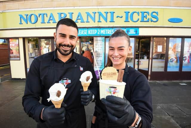 Notarianni Ices has reopened for the 2024 season! Pictured are Luca Vettese and Maddalena Vettese.