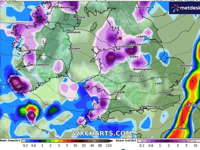 WX Chart showing snow (purple) in the North West on February 23, 2024.