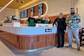 Meet the Starbucks family. Kat Jakielska (store manager), Matt Lawson (district manager), and barristas Egle Bidvaite, Phoebe Parr and Emily Gardner.