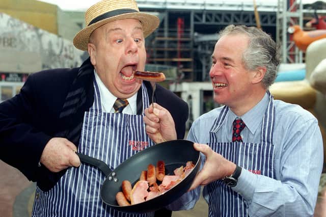 Actor John Savident, pictured in 1999, was at Blackpool Pleasure Beach to enjoy a traditional British breakfast promotion in .
Pic shows John (left) with Fylde MP Michael Jack