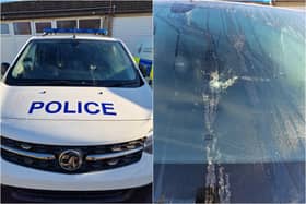 A police vehicle was damaged after youths threw objects at police in Fleetwood (Credit: Lancashire Police)