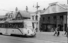 Marton Tram Depot in 1949 with upgraded Sun Saloon Car 12 passing along Whitegate Drive.
