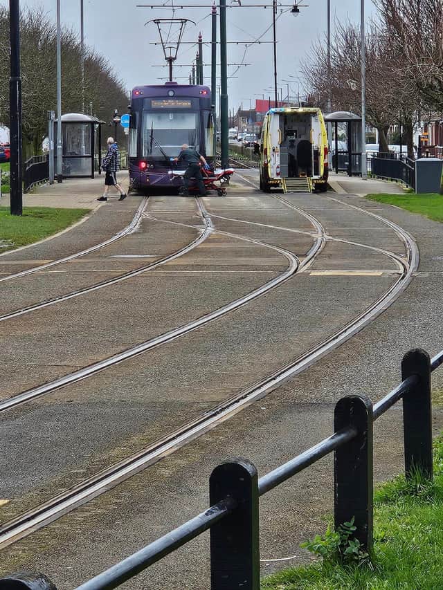 Ambulance crews were called to the scene near Lord Street in Fleetwood and the injured woman was stretchered off the tram and taken to hospital