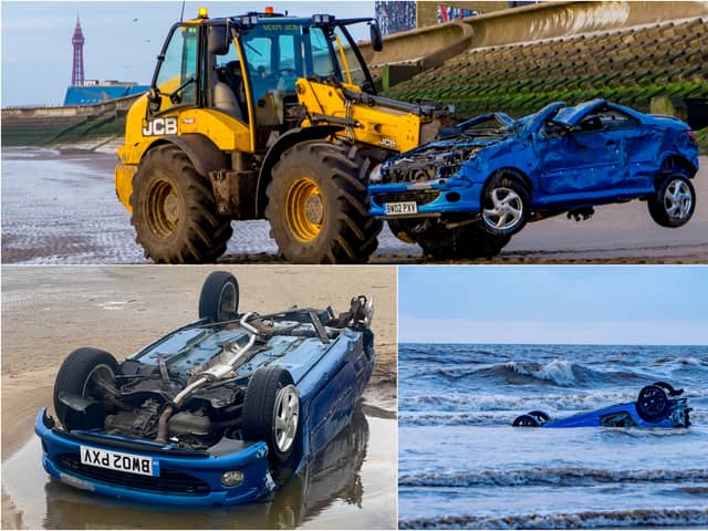Two cars were battered by waves after they got stuck on the beach in Blackpool (Credit: Lee Long / SWNS)