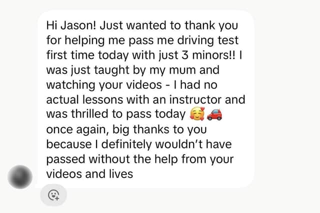 Message of thanks sent to Jason Horsfield, 54, who runs a TikTok account where he dishes out tips and tricks for new drivers.