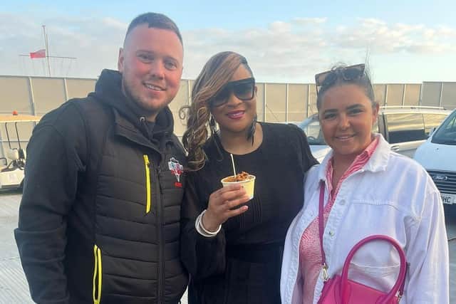 British singer and songwriter Gabrielle got the chance to try Notarianni’s famous ice cream. Josh Johnson (L), Louise Gabrielle Bobb (M) and Kerry Whitehead (R) (Credit: Notarianni Ices)