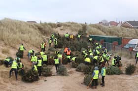 Volunteers with the Christmas trees at North Beach car park in St Annes. 