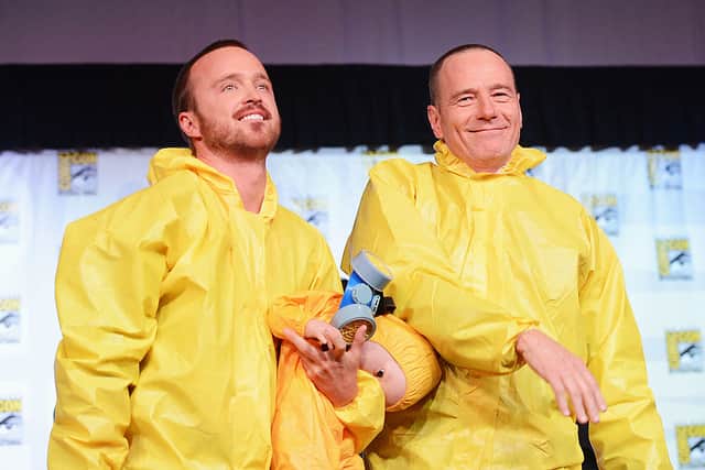 Actors Aaron Paul and Bryan Cranston of Breaking Bad, a Netflix show about the pair's unlikely partnership to make illegal drugs in makeshift labs. (pic by Getty)