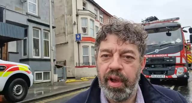 Blackpool Gazette reporter Richard Hunt at the scene of the fire on Havelock Street, Blackpool.