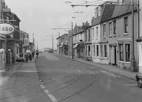 View of Princess Street, South Shore, Blackpool showing the tram track from the original conduit layout of 1885. When this photograph was taken in 1964 local businesses and residents were complaining about plans to reopen this section because of the noise and interference caused to their televisions and radios