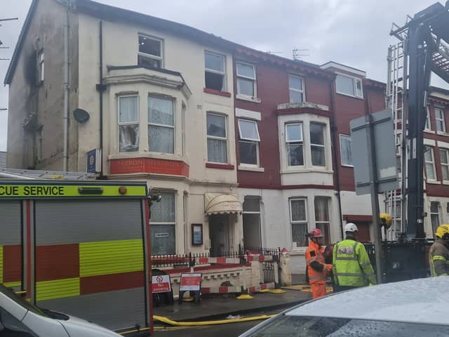 The empty Shazron Guesthouse on Havelock Street, Blackpool, woth firefighters still in attendance.