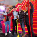 Showtown is officially open. Cutting the ribbon was Alfie Boe and the picture shows (from left)  Graham Liver from BBC Lancashire, legendary ringmaster Norman Barrett, Alfie and  Paul Zenon.