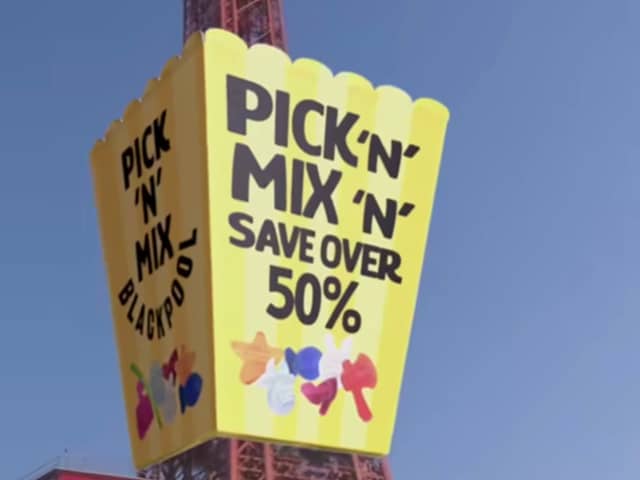 Merlin's Pick 'N' Mix saver advertisement on Blackpool Tower