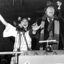 Dr Who (Tom Baker) with time travelling assistants Sarah Jane (Elisabeth Sladen) and Harry (Ian Marter) switching on Blackpool Illuminations in 1975