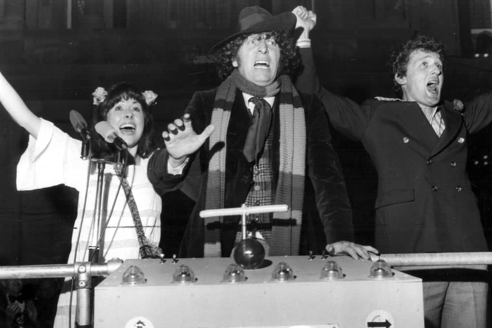 Dr Who (Tom Baker) with time travelling assistants Sarah Jane (Elisabeth Sladen) and Harry (Ian Marter) switching on Blackpool Illuminations in 1975