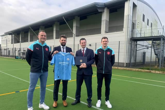 Jonathan Smith (Director Partner Schools MCFC), Jack Cropper (Assistant Head – Sport at Rossall) Jeremy Quartermain -Headmaster at Rossall), Jay Hardy (Senior Sales Manager – Football Education MCFC).