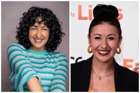 L: Hayley Tamaddon shows off her curls as she announces her partnership with Only Curls. R: she is pictured in 2019. Credit: hayleysoraya on Instagram and Getty