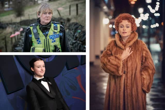 Top left: Sarah Lancashire in Happy Valley (credit BBC). Bottom left: Bella Ramsey (credit Netflix). Right: Helena Bonham Carter in Nolly (credit: ITV)