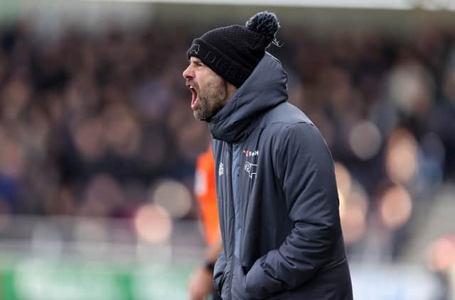 Derby boss Paul Warne shouts at his players during Saturday's defeat at Northampton