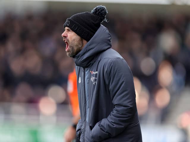Derby boss Paul Warne shouts at his players during Saturday's defeat at Northampton
