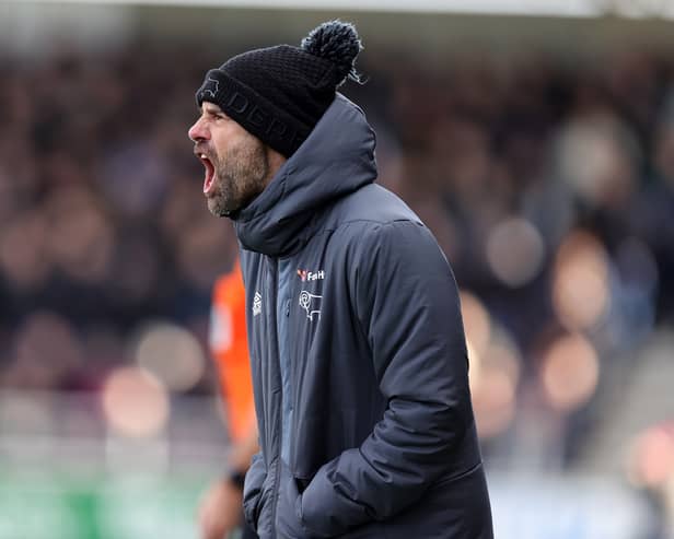 Derby boss Paul Warne shouts at his players during Saturday's defeat at Northampton