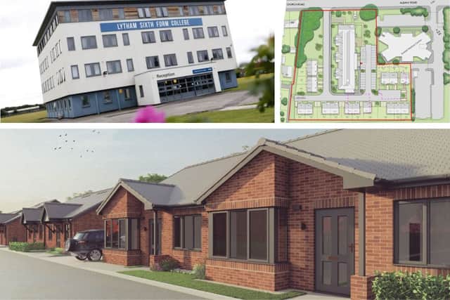 Top left: Lytham Sxith Form Collge. Top right: the proposed retirement village site plan. Bottom: CGI image of a bungalow.