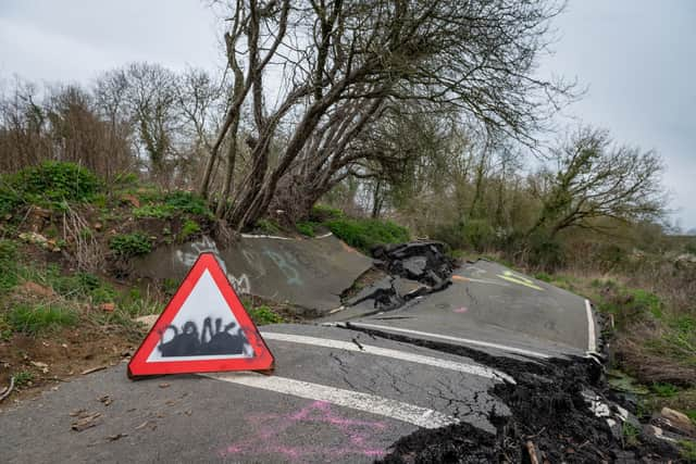 The B4069 damaged by a landslip.