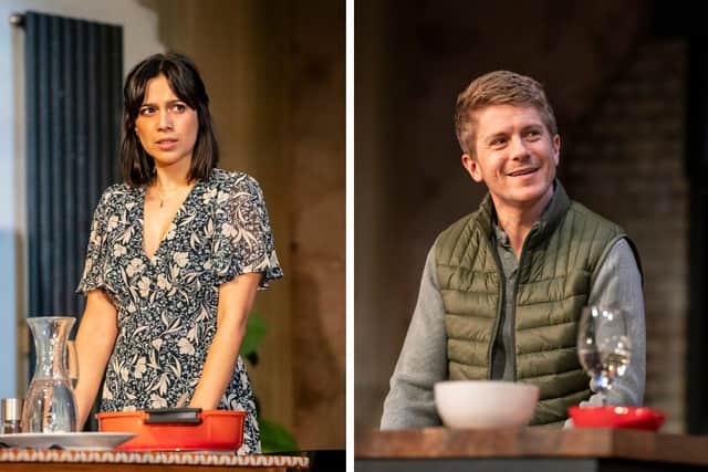 L: Fiona Wade plays Jenny in 2:22 A Ghost Story. R: George Rainsford plays her husband Sam.