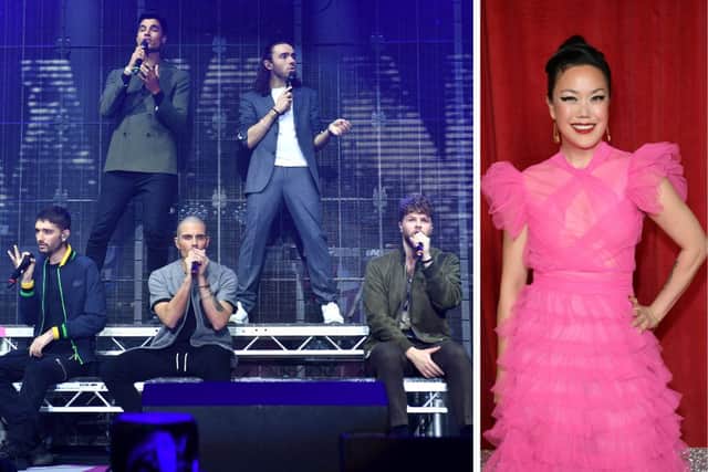L: Jay and the rest of The Wanted perform during HITS Radio's HITS Live 2021. R: Vera attends the British Soap Awards 2022. Credit: Getty
