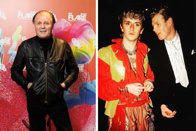 Left: DJ Rusty Egan in 2022. Right: pictured with Steve Strange, of Visage, in the eighties.