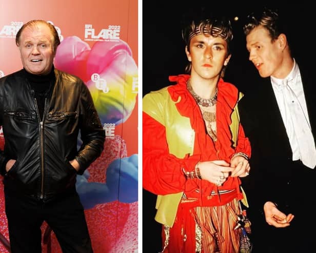 Left: DJ Rusty Egan in 2022. Right: pictured with Steve Strange, of Visage, in the eighties.