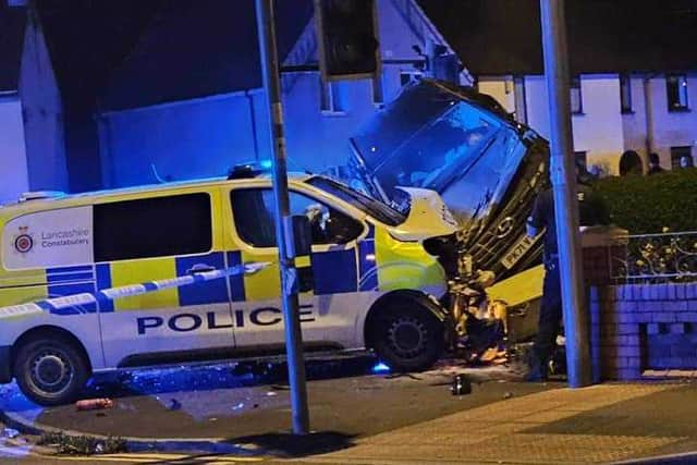 A police van and car involved in a road collision in Blackpool. Photo: Shaney Evans