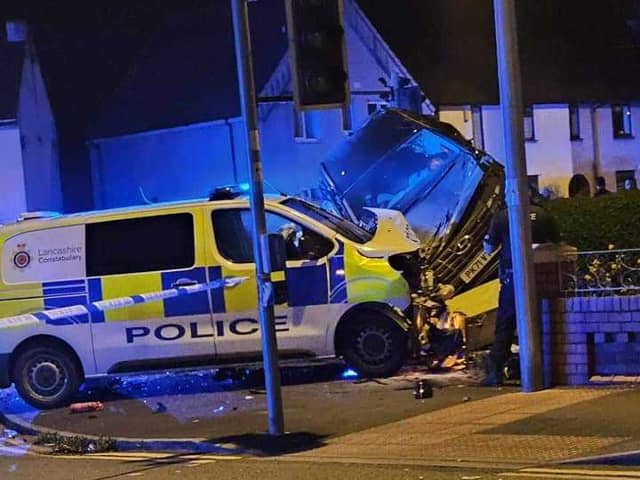A police van and car involved in a road collision in Blackpool. Photo: Shaney Evans