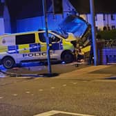 A police van and car involved in a road collision in Blackpool. Photo: Shaney Evans