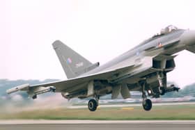 Typhoon DA2 takes off from Warton Aerodrome for its first UK test flight on April 6, 1994