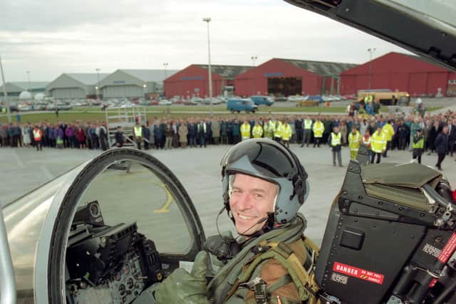 British Aerospace test pilot Chris Yeo gives the thumbs up following the first flight of DA2 at Warton