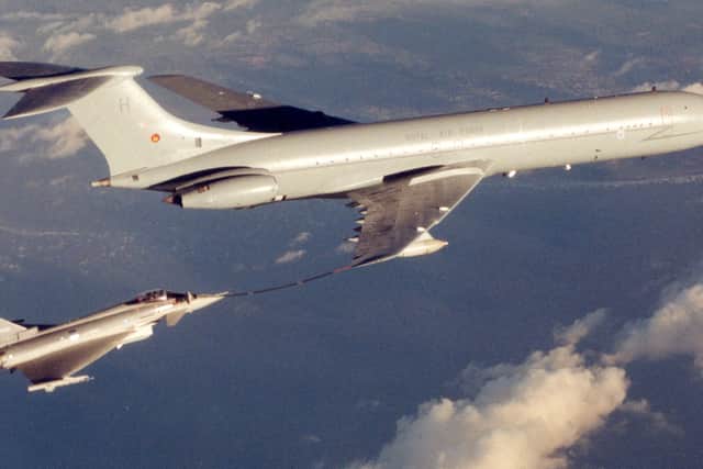 DA2 refuels from a Royal Air Force VC10 air-to-air refuelling tanker during its first flight