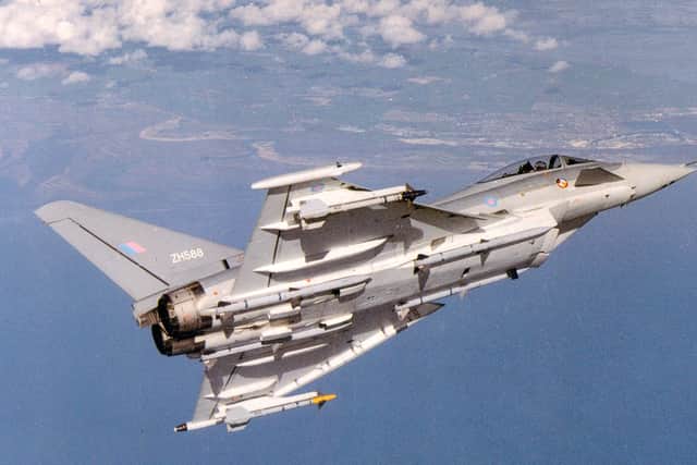 DA2, the first UK prototype of the Eurofighter Typhoon, on its first flight over the Fylde coast out of Warton Aerodrome in April 1994