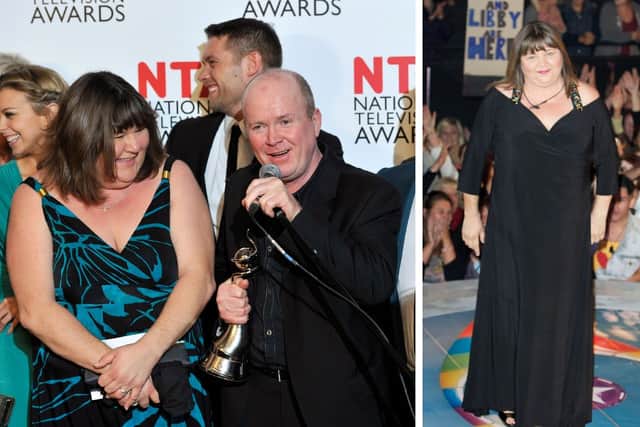 L: Cheryl with her Eastenders colleagues Steve McFadden and John Partridge at the National Television Awards in 2011. R: Leaving the Celebrity Big Brother house in 2012. Credit: Getty