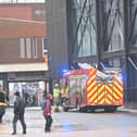 Fire brigade attend incident in Bank Hey Street, Blackpool after signs on new Showtown Museum damaged in high winds