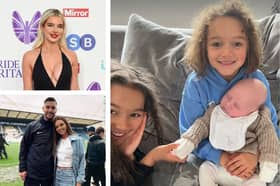 Top left: Helen Flanagan (credit Getty). Bottom left: Andrew Hughes and Kendall Rae Knight (credit @kendallraeknight on Instagram). Right: Matilda and Delilah Sinclair with Cooper Cole Hughes (credit @hjgflanagan on Instagram)