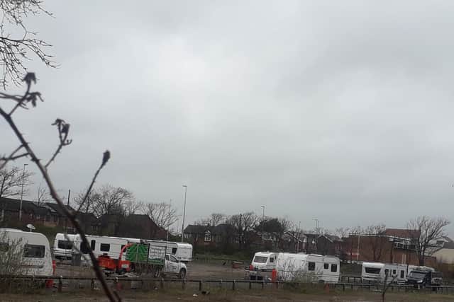 Some of the travellers on site at the corner of Devonshire Road and Talbot Road, Blackpool
