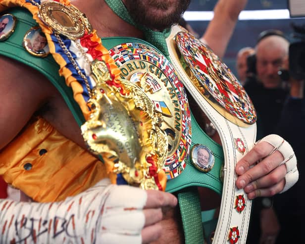 Tyson Fury celebrates victory after the WBC World Heavyweight Title Fight between Tyson Fury and Dillian Whyte at Wembley Stadium on April 23, 2022 in London, England