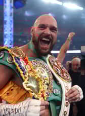 Tyson Fury celebrates victory after the WBC World Heavyweight Title Fight between Tyson Fury and Dillian Whyte at Wembley Stadium on April 23, 2022 in London, England