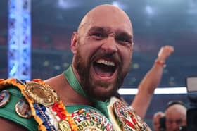 Tyson Fury celebrates victory after the WBC World Heavyweight Title Fight between Tyson Fury and Dillian Whyte at Wembley Stadium on April 23, 2022 in London, England