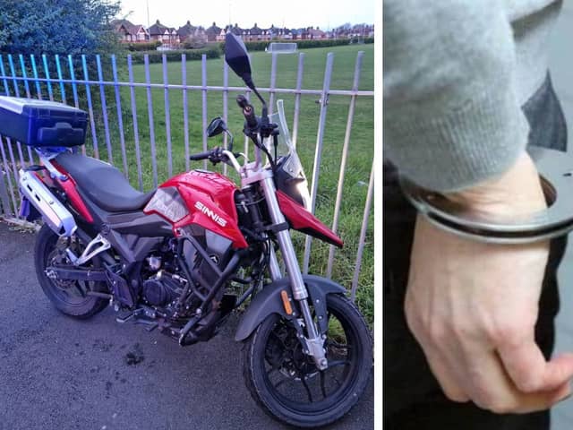 Blackpool Police arrested various two men for various offences last night. Pictured is the stolen motorbike the men were driving.
