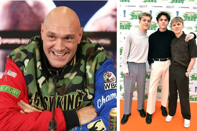 New Hope Club (l to r: Reece Bibby, Blake Richardson, George Smith) have recored the fight song for Morecambe champion boxer Tyson Fury. Credit Getty and PA. (credit PA)