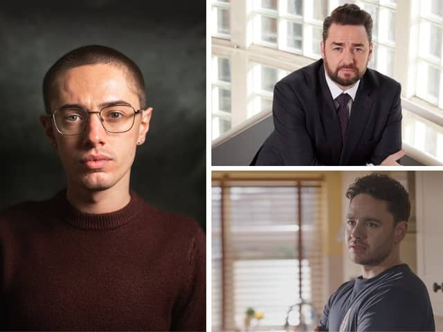 L: Nathan Wood. R: Nathan's Waterloo Road colleagues Jason Manford (top) and Adam Thomas (right). Credit: submit and BBC
