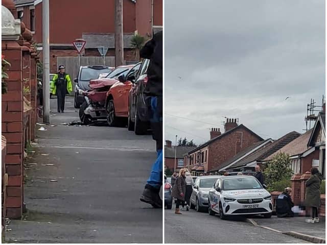 The scene of the crash in St Ives Avenue, near the junction with Park Road, in Blackpool on Saturday afternoon